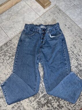 Zara Button-Fly Boyfriend Jeans in Medium Blue
